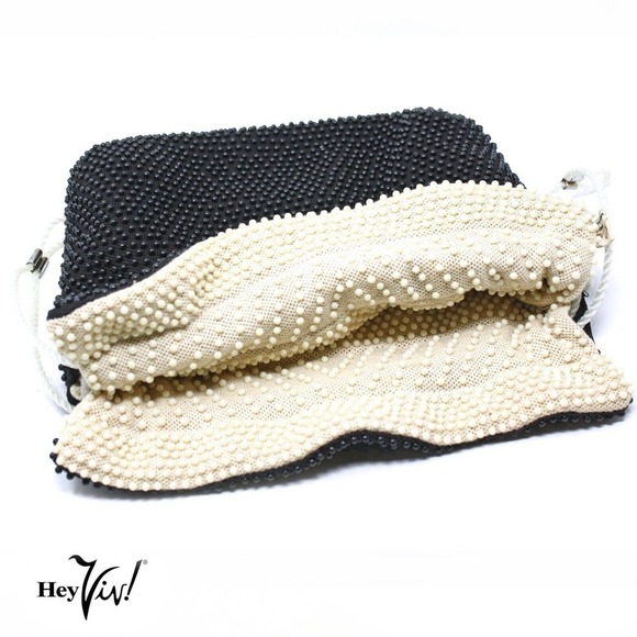 Vintage Reversible Black Ivory Beaded Purse Lee British Hong Kong - Hey Viv - Picture 5 of 7